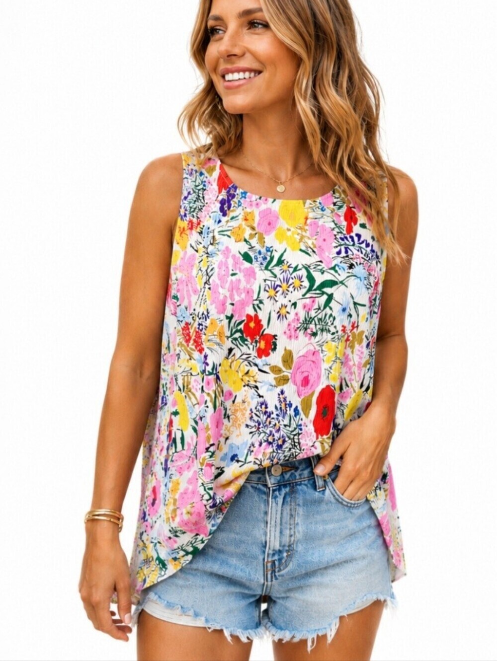 Floral Sleeveless Blouse Top SZ Small Pleated Lightweight Oversized Fit Staccato